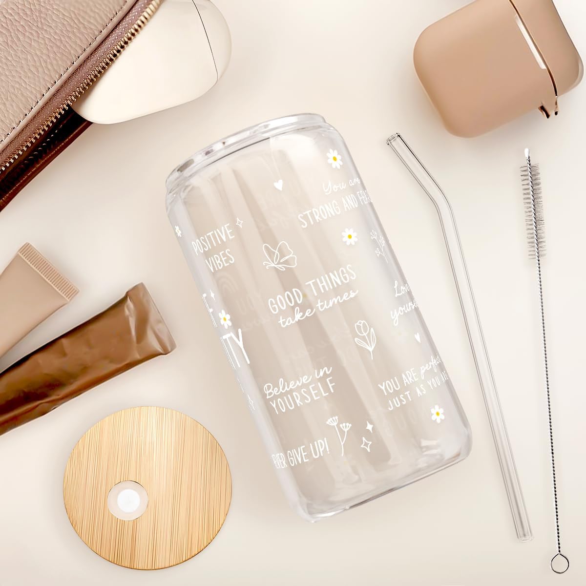 Inspiration Glass Can, Positive Motivational Cup with Lid & Straw, Iced Coffee Aesthetic Cups, Idea Gift for Christmas Birthday Mother Day, Gifts for Women, 16oz