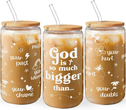Inspiration Glass Can, Positive Motivational Cup with Lid & Straw, Iced Coffee Aesthetic Cups, Idea Gift for Christmas Birthday Mother Day, Gifts for Women, 16oz