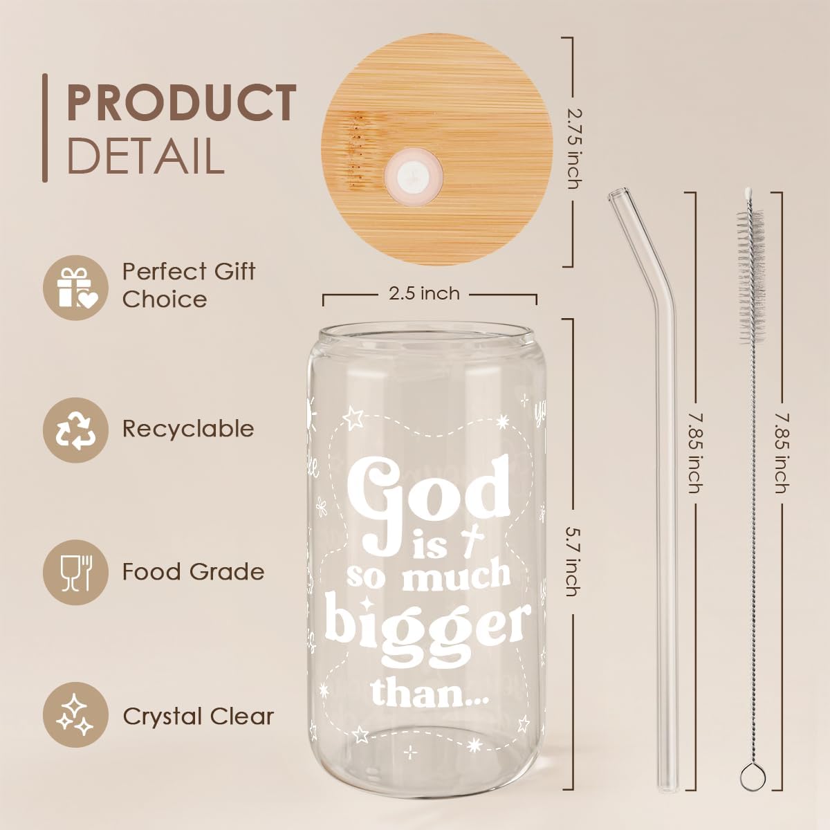 Inspiration Glass Can, Positive Motivational Cup with Lid & Straw, Iced Coffee Aesthetic Cups, Idea Gift for Christmas Birthday Mother Day, Gifts for Women, 16oz