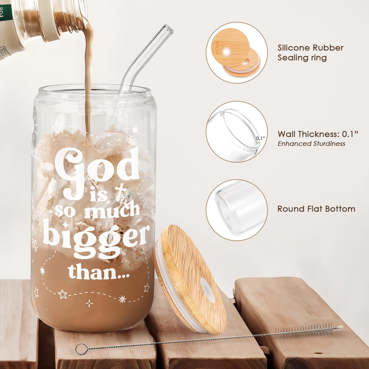 Inspiration Glass Can, Positive Motivational Cup with Lid & Straw, Iced Coffee Aesthetic Cups, Idea Gift for Christmas Birthday Mother Day, Gifts for Women, 16oz