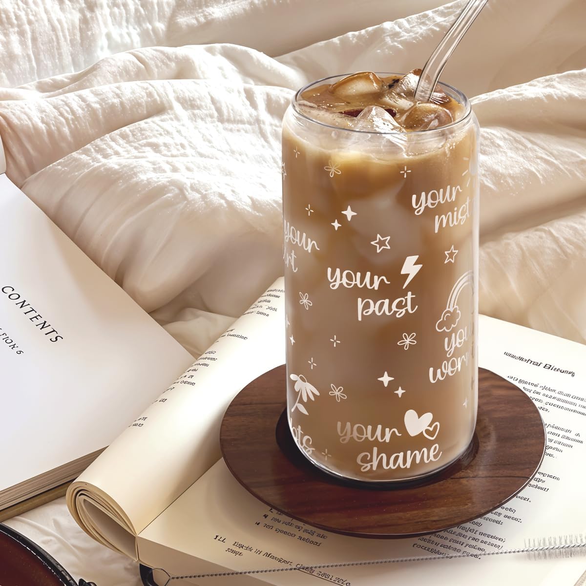 Inspiration Glass Can, Positive Motivational Cup with Lid & Straw, Iced Coffee Aesthetic Cups, Idea Gift for Christmas Birthday Mother Day, Gifts for Women, 16oz