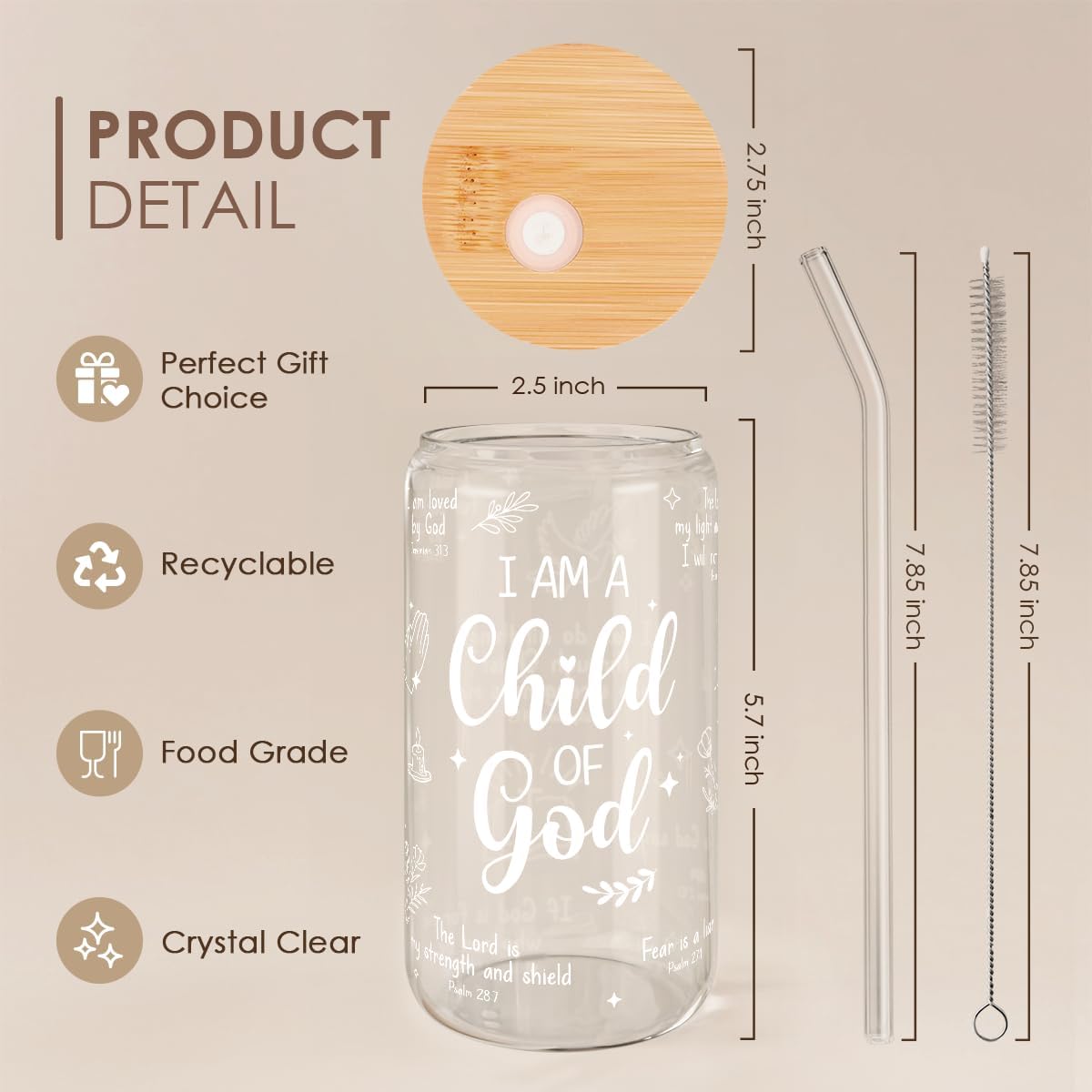 Inspiration Glass Can, Positive Motivational Cup with Lid & Straw, Iced Coffee Aesthetic Cups, Idea Gift for Christmas Birthday Mother Day, Gifts for Women, 16oz