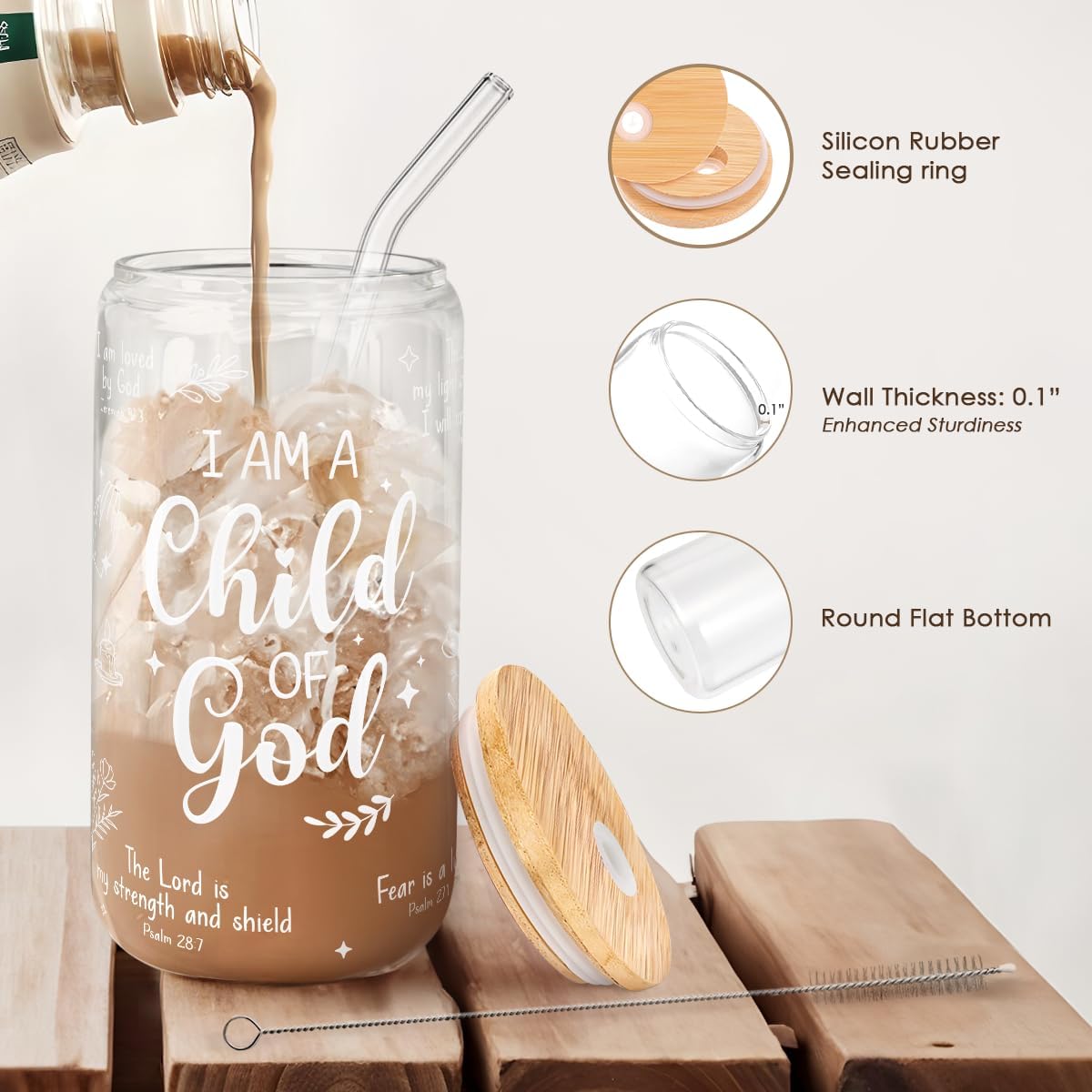 Inspiration Glass Can, Positive Motivational Cup with Lid & Straw, Iced Coffee Aesthetic Cups, Idea Gift for Christmas Birthday Mother Day, Gifts for Women, 16oz