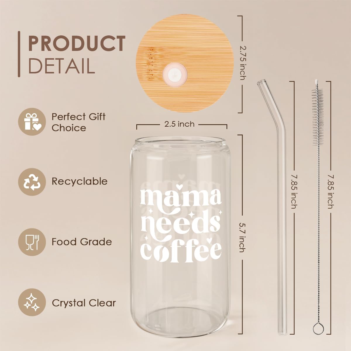 Inspiration Glass Can, Positive Motivational Cup with Lid & Straw, Iced Coffee Aesthetic Cups, Idea Gift for Christmas Birthday Mother Day, Gifts for Women, 16oz