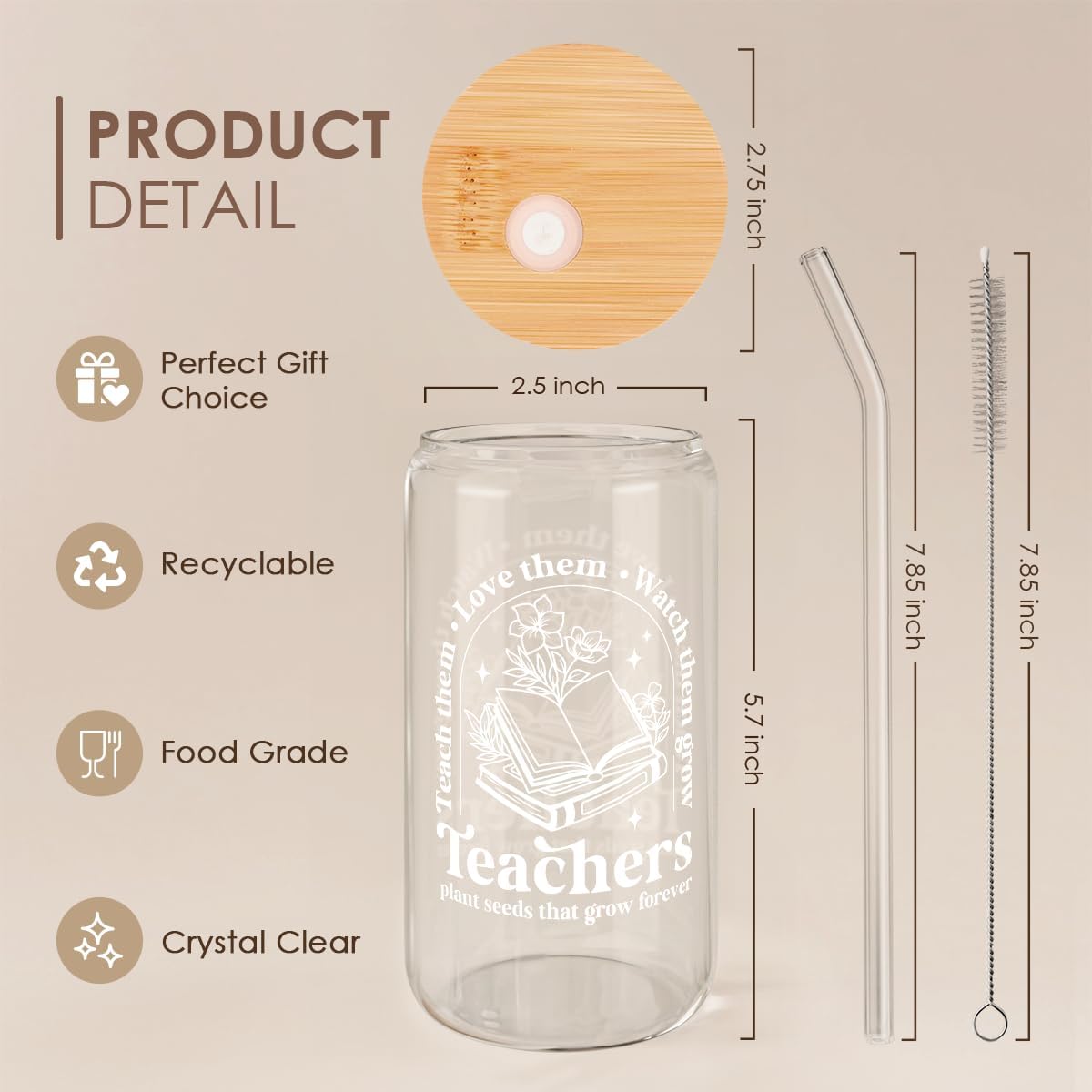 Inspiration Glass Can, Positive Motivational Cup with Lid & Straw, Iced Coffee Aesthetic Cups, Idea Gift for Christmas Birthday Mother Day, Gifts for Women, 16oz