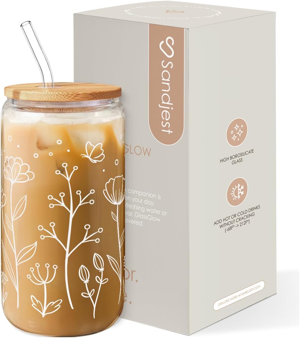 Inspiration Glass Can, Positive Motivational Cup with Lid & Straw, Iced Coffee Aesthetic Cups, Idea Gift for Christmas Birthday Mother Day, Gifts for Women, 16oz
