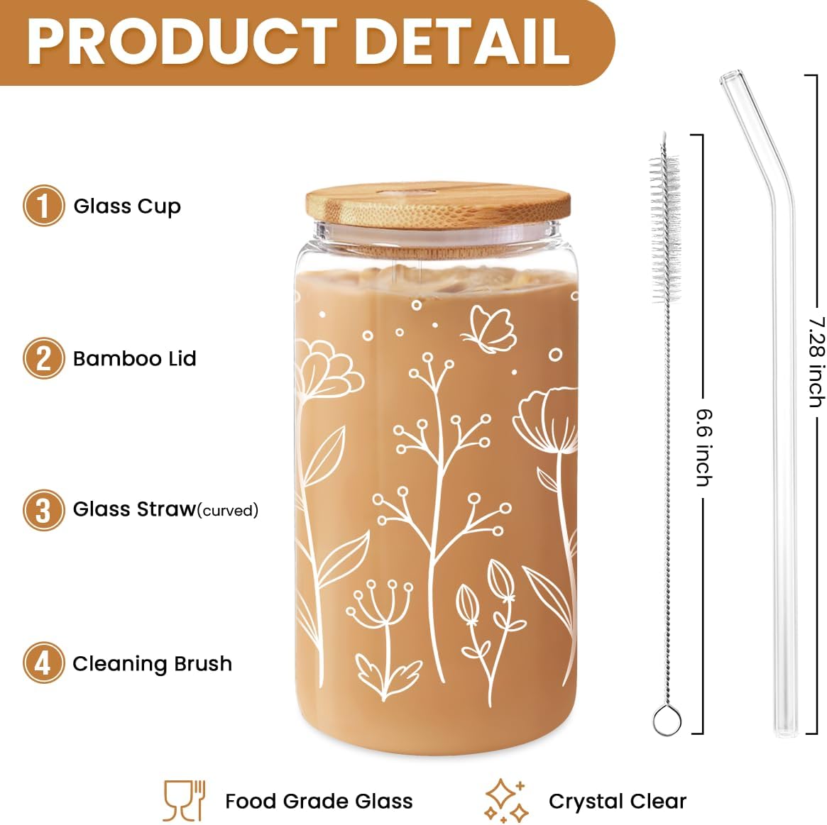 Inspiration Glass Can, Positive Motivational Cup with Lid & Straw, Iced Coffee Aesthetic Cups, Idea Gift for Christmas Birthday Mother Day, Gifts for Women, 16oz