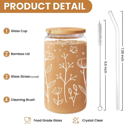 Inspiration Glass Can, Positive Motivational Cup with Lid & Straw, Iced Coffee Aesthetic Cups, Idea Gift for Christmas Birthday Mother Day, Gifts for Women, 16oz