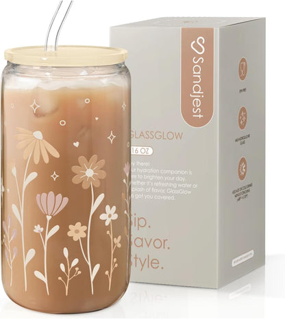 Inspiration Glass Can, Positive Motivational Cup with Lid & Straw, Iced Coffee Aesthetic Cups, Idea Gift for Christmas Birthday Mother Day, Gifts for Women, 16oz