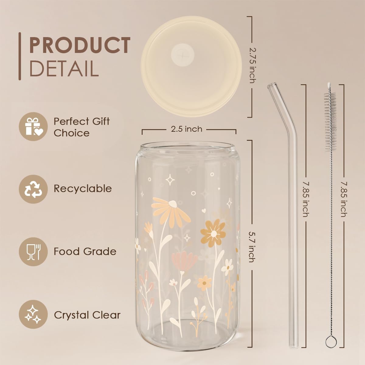 Inspiration Glass Can, Positive Motivational Cup with Lid & Straw, Iced Coffee Aesthetic Cups, Idea Gift for Christmas Birthday Mother Day, Gifts for Women, 16oz
