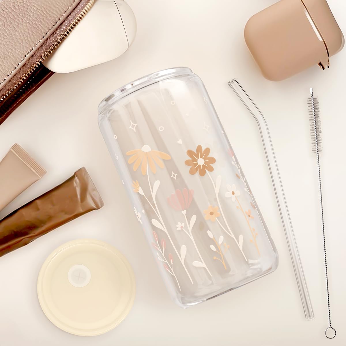 Inspiration Glass Can, Positive Motivational Cup with Lid & Straw, Iced Coffee Aesthetic Cups, Idea Gift for Christmas Birthday Mother Day, Gifts for Women, 16oz