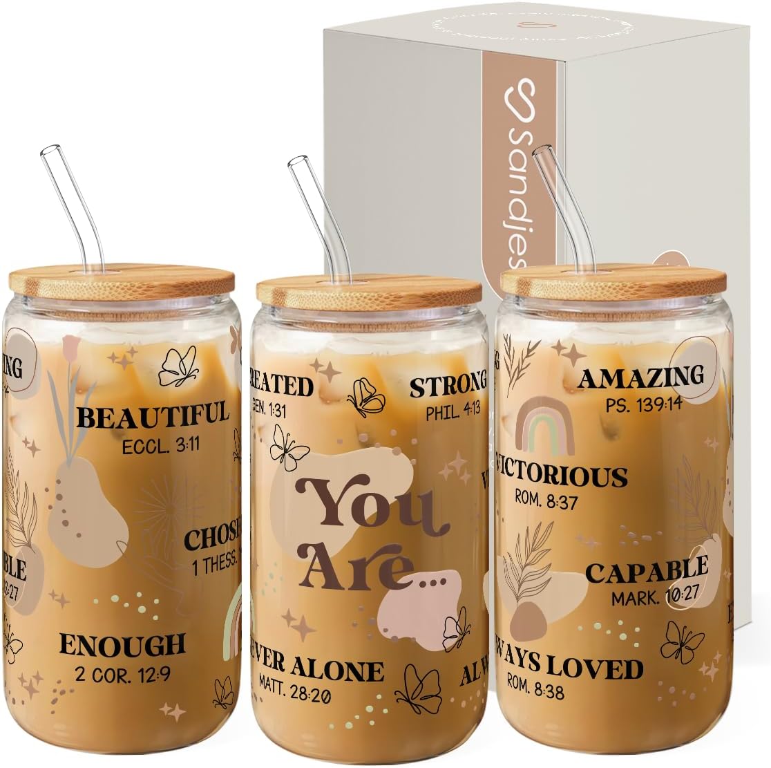 Inspiration Glass Can, Positive Motivational Cup with Lid & Straw, Iced Coffee Aesthetic Cups, Idea Gift for Christmas Birthday Mother Day, Gifts for Women, 16oz
