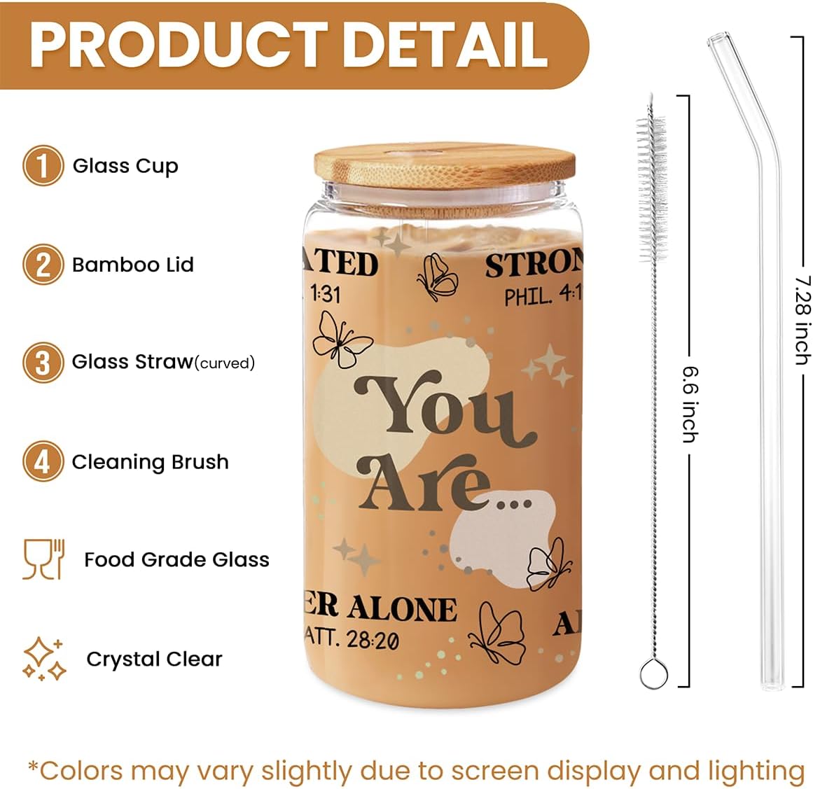 Inspiration Glass Can, Positive Motivational Cup with Lid & Straw, Iced Coffee Aesthetic Cups, Idea Gift for Christmas Birthday Mother Day, Gifts for Women, 16oz