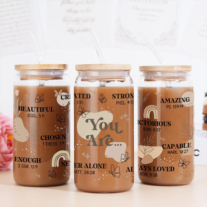 Inspiration Glass Can, Positive Motivational Cup with Lid & Straw, Iced Coffee Aesthetic Cups, Idea Gift for Christmas Birthday Mother Day, Gifts for Women, 16oz