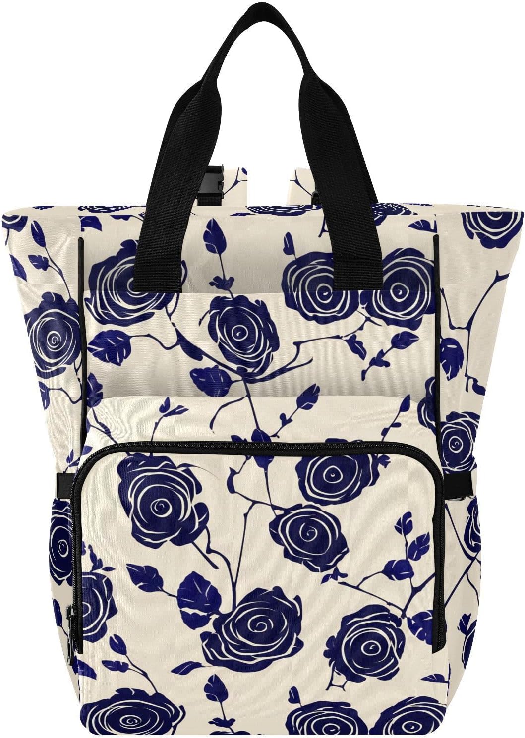Diaper Bag Backpack, Multifunction Travel Bag for Moms Dads, Baby Changing Bag with Insulted Pockets, Stroller Straps and Side Bottle Pockets Navy Rose Pattern