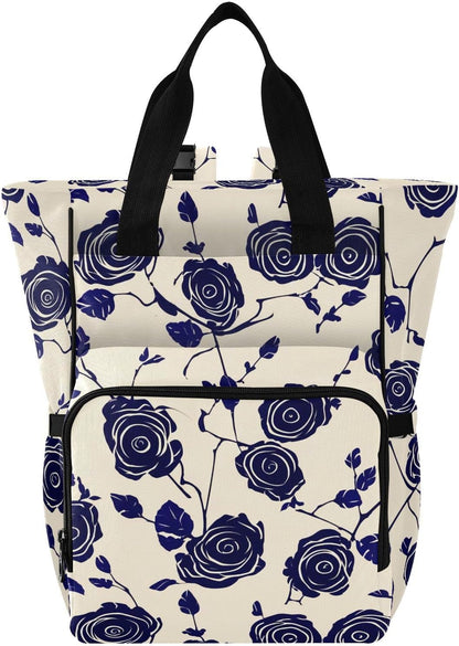 Diaper Bag Backpack, Multifunction Travel Bag for Moms Dads, Baby Changing Bag with Insulted Pockets, Stroller Straps and Side Bottle Pockets Navy Rose Pattern