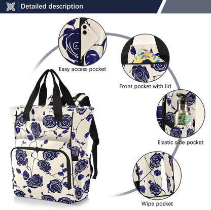 Diaper Bag Backpack, Multifunction Travel Bag for Moms Dads, Baby Changing Bag with Insulted Pockets, Stroller Straps and Side Bottle Pockets Navy Rose Pattern