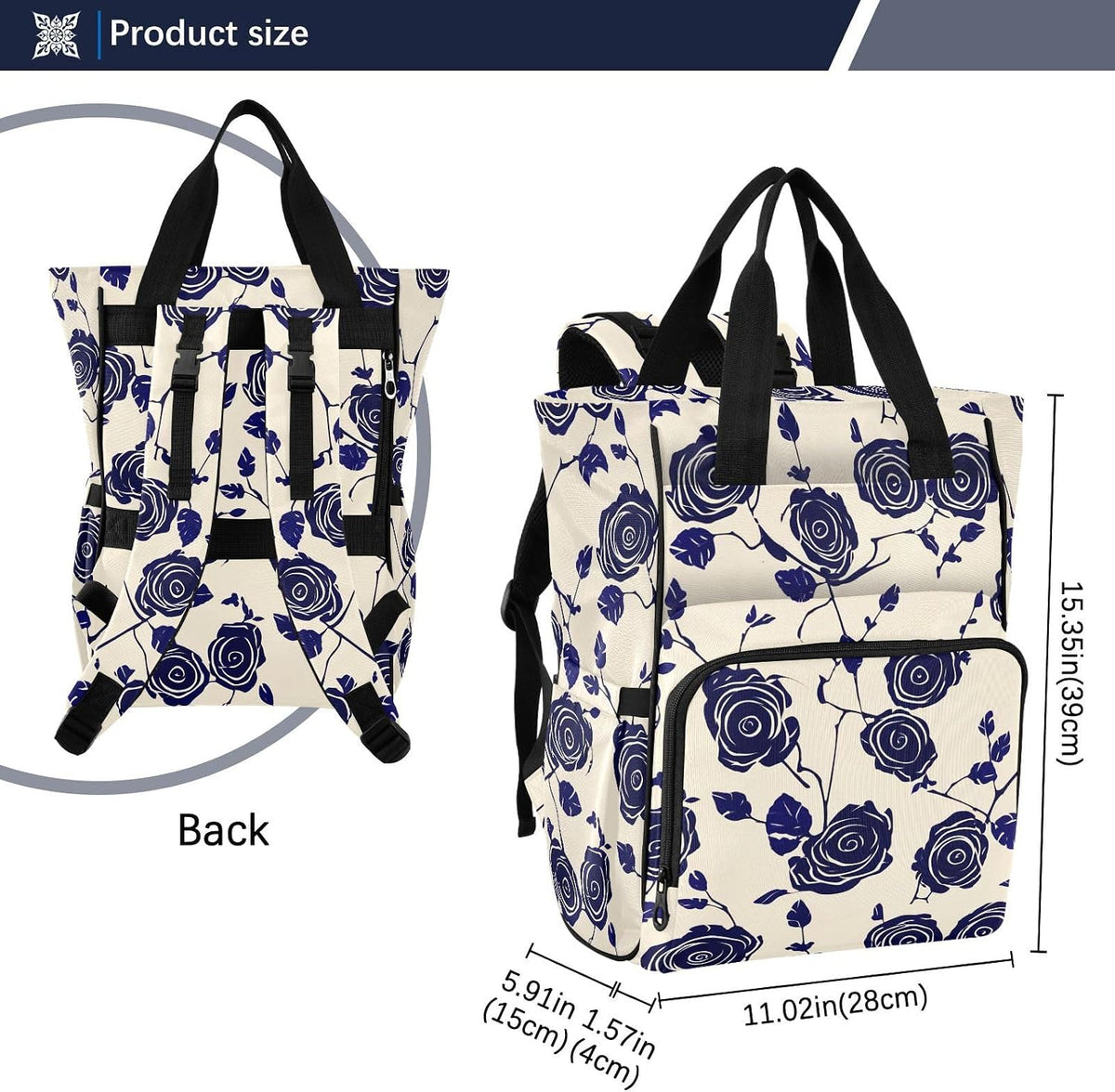 Diaper Bag Backpack, Multifunction Travel Bag for Moms Dads, Baby Changing Bag with Insulted Pockets, Stroller Straps and Side Bottle Pockets Navy Rose Pattern