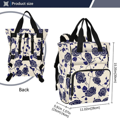 Diaper Bag Backpack, Multifunction Travel Bag for Moms Dads, Baby Changing Bag with Insulted Pockets, Stroller Straps and Side Bottle Pockets Navy Rose Pattern