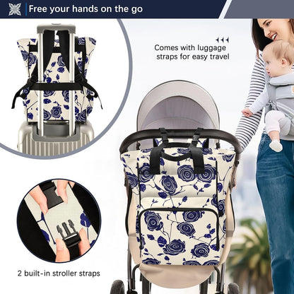 Diaper Bag Backpack, Multifunction Travel Bag for Moms Dads, Baby Changing Bag with Insulted Pockets, Stroller Straps and Side Bottle Pockets Navy Rose Pattern