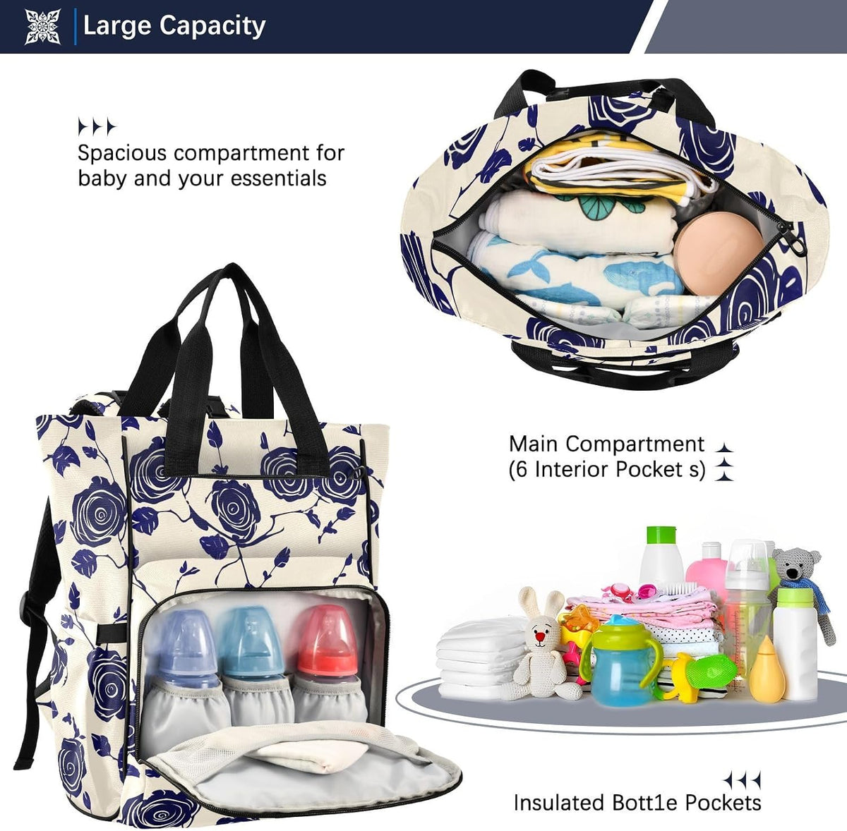 Diaper Bag Backpack, Multifunction Travel Bag for Moms Dads, Baby Changing Bag with Insulted Pockets, Stroller Straps and Side Bottle Pockets Navy Rose Pattern