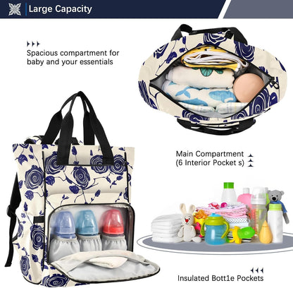 Diaper Bag Backpack, Multifunction Travel Bag for Moms Dads, Baby Changing Bag with Insulted Pockets, Stroller Straps and Side Bottle Pockets Navy Rose Pattern