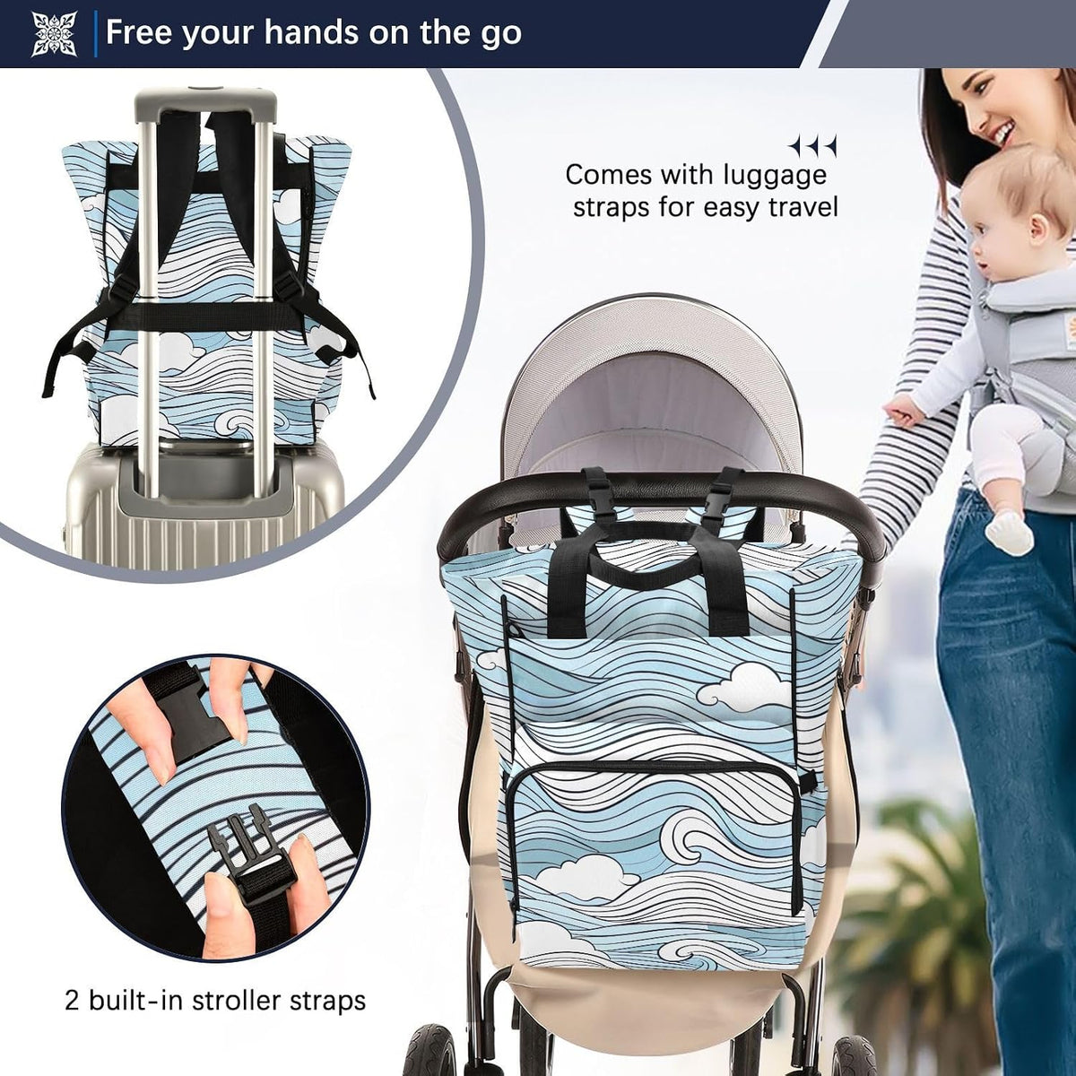 Diaper Bag Backpack, Multifunction Travel Bag for Moms Dads, Baby Changing Bag with Insulted Pockets, Stroller Straps and Side Bottle Pockets Blue Wave