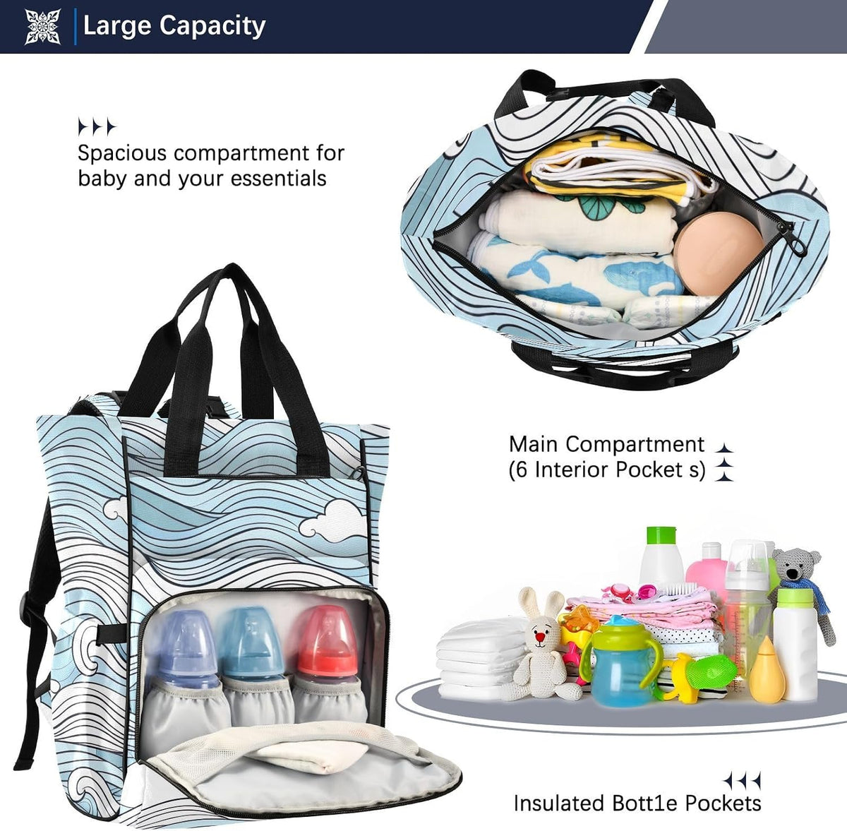 Diaper Bag Backpack, Multifunction Travel Bag for Moms Dads, Baby Changing Bag with Insulted Pockets, Stroller Straps and Side Bottle Pockets Blue Wave
