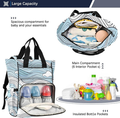Diaper Bag Backpack, Multifunction Travel Bag for Moms Dads, Baby Changing Bag with Insulted Pockets, Stroller Straps and Side Bottle Pockets Blue Wave