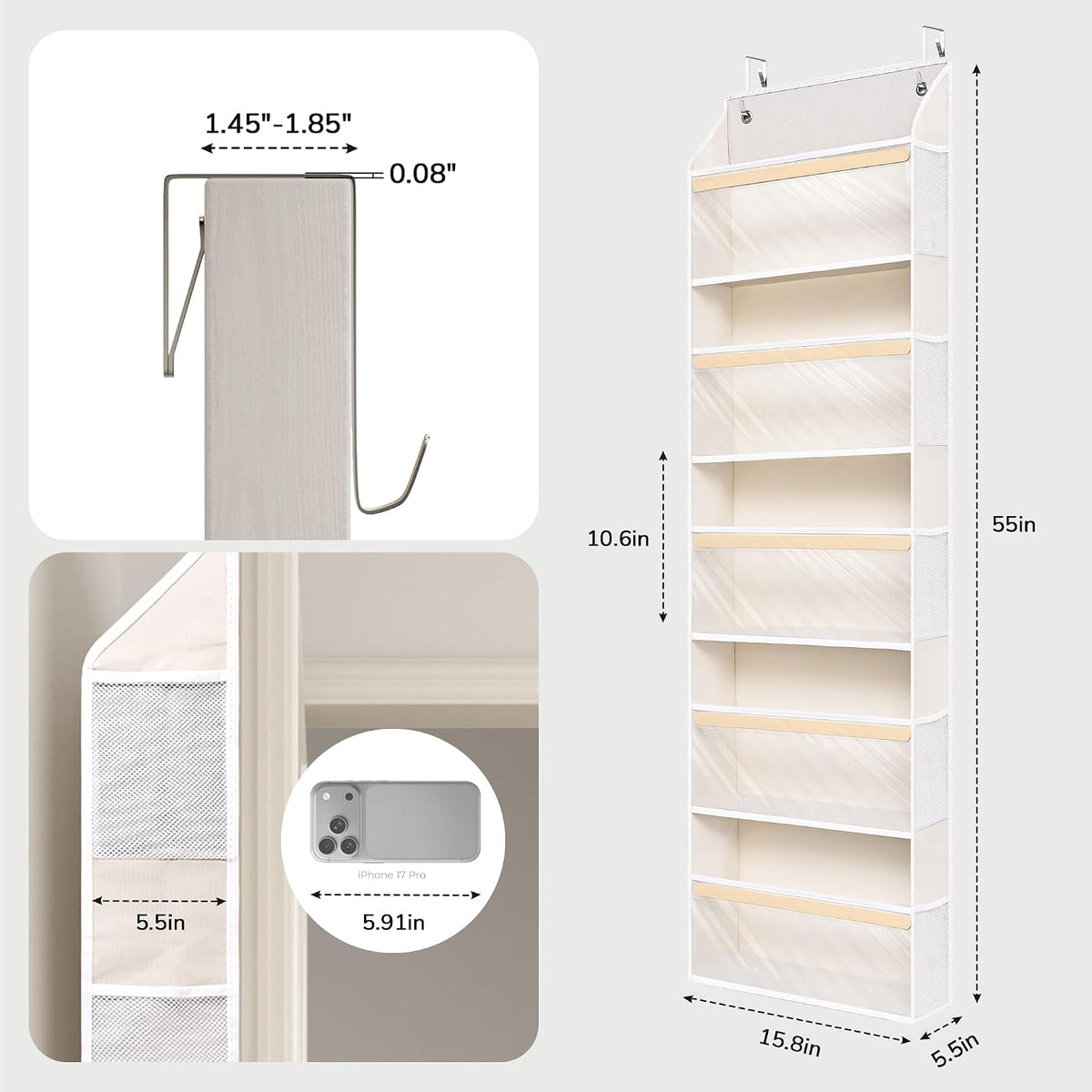 5 Tiers Natural Bamboo Over Door Organizer with 10 Mesh Side Pockets, 50 lbs Weight Capacity Hanging Storage Organizer with Clear Window Kids Toys, Shoes, Diapers, Warm Beige