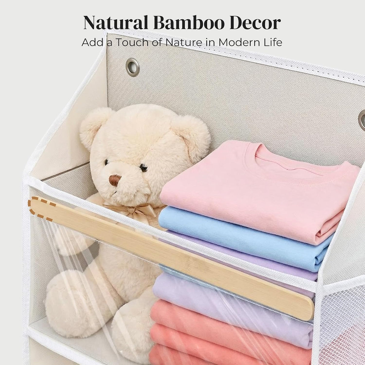 5 Tiers Natural Bamboo Over Door Organizer with 10 Mesh Side Pockets, 50 lbs Weight Capacity Hanging Storage Organizer with Clear Window Kids Toys, Shoes, Diapers, Warm Beige