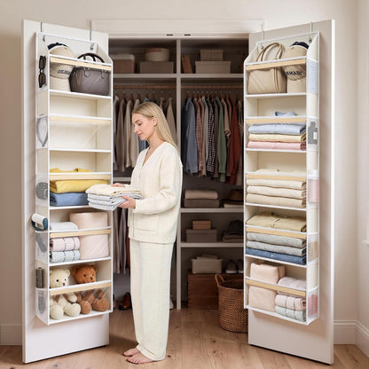5 Tiers Natural Bamboo Over Door Organizer with 10 Mesh Side Pockets, 50 lbs Weight Capacity Hanging Storage Organizer with Clear Window Kids Toys, Shoes, Diapers, Warm Beige