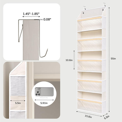 5 Tiers Natural Bamboo Over Door Organizer with 10 Mesh Side Pockets, 50 lbs Weight Capacity Hanging Storage Organizer with Clear Window Kids Toys, Shoes, Diapers, Warm Beige