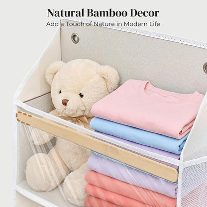 5 Tiers Natural Bamboo Over Door Organizer with 10 Mesh Side Pockets, 50 lbs Weight Capacity Hanging Storage Organizer with Clear Window Kids Toys, Shoes, Diapers, Warm Beige