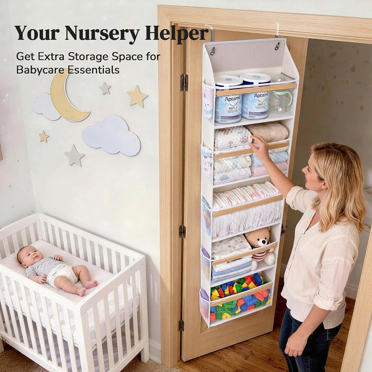 5 Tiers Natural Bamboo Over Door Organizer with 10 Mesh Side Pockets, 50 lbs Weight Capacity Hanging Storage Organizer with Clear Window Kids Toys, Shoes, Diapers, Warm Beige