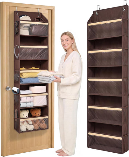 5 Tiers Natural Bamboo Over Door Organizer with 10 Mesh Side Pockets, 50 lbs Weight Capacity Hanging Storage Organizer with Clear Window Kids Toys, Shoes, Diapers, Warm Beige