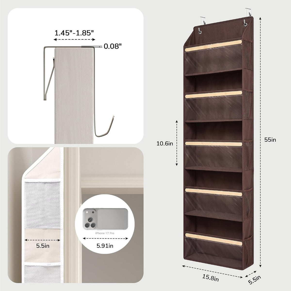 5 Tiers Natural Bamboo Over Door Organizer with 10 Mesh Side Pockets, 50 lbs Weight Capacity Hanging Storage Organizer with Clear Window Kids Toys, Shoes, Diapers, Warm Beige