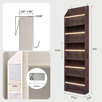 5 Tiers Natural Bamboo Over Door Organizer with 10 Mesh Side Pockets, 50 lbs Weight Capacity Hanging Storage Organizer with Clear Window Kids Toys, Shoes, Diapers, Warm Beige