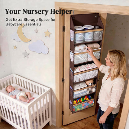 5 Tiers Natural Bamboo Over Door Organizer with 10 Mesh Side Pockets, 50 lbs Weight Capacity Hanging Storage Organizer with Clear Window Kids Toys, Shoes, Diapers, Warm Beige