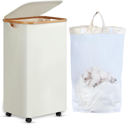Laundry Basket with Wheels, Tall Rolling Laundry Hamper with Lid and Removable Bag, Aesthetic Dirty Clothes Hamper on Wheels for Laundry Room, Bedroom, Dorm and Bathroom, 100L Black