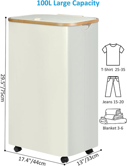 Laundry Basket with Wheels, Tall Rolling Laundry Hamper with Lid and Removable Bag, Aesthetic Dirty Clothes Hamper on Wheels for Laundry Room, Bedroom, Dorm and Bathroom, 100L Black