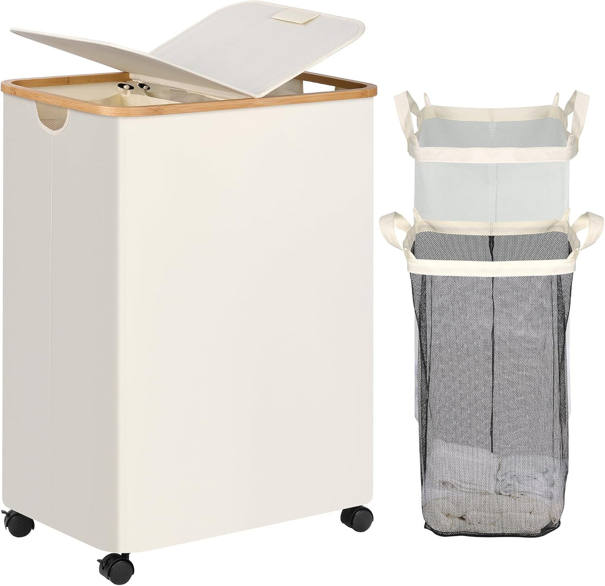 Laundry Basket with Wheels, Tall Rolling Laundry Hamper with Lid and Removable Bag, Aesthetic Dirty Clothes Hamper on Wheels for Laundry Room, Bedroom, Dorm and Bathroom, 100L Black
