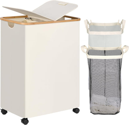 Laundry Basket with Wheels, Tall Rolling Laundry Hamper with Lid and Removable Bag, Aesthetic Dirty Clothes Hamper on Wheels for Laundry Room, Bedroom, Dorm and Bathroom, 100L Black