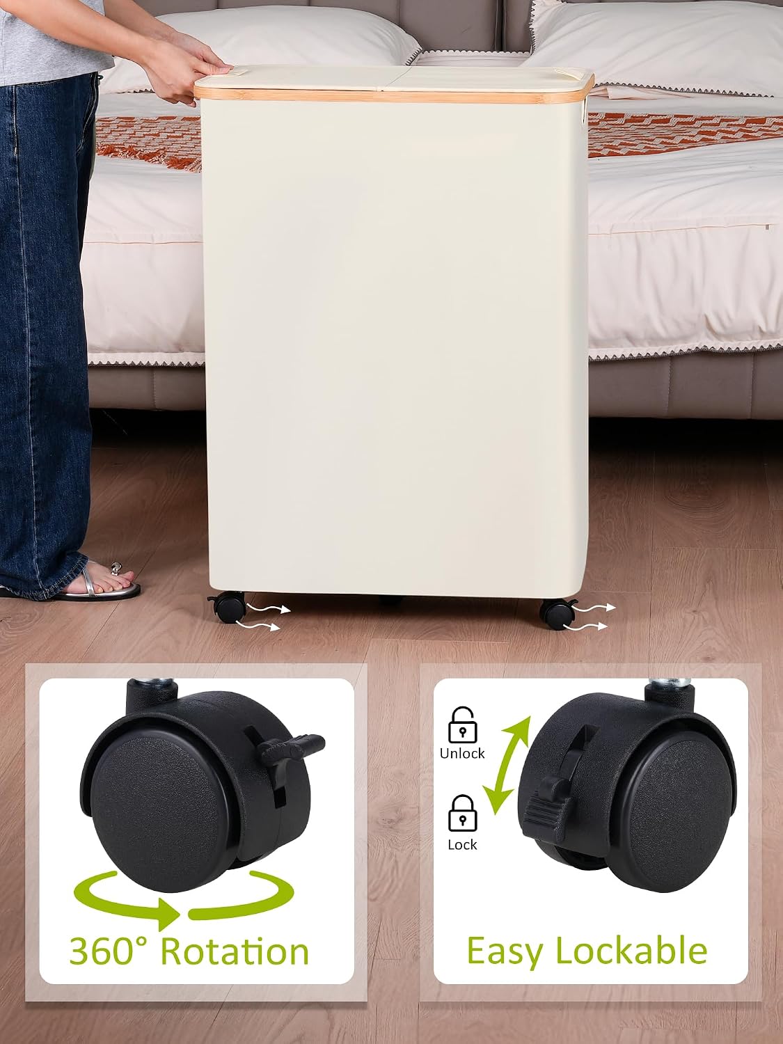 Laundry Basket with Wheels, Tall Rolling Laundry Hamper with Lid and Removable Bag, Aesthetic Dirty Clothes Hamper on Wheels for Laundry Room, Bedroom, Dorm and Bathroom, 100L Black