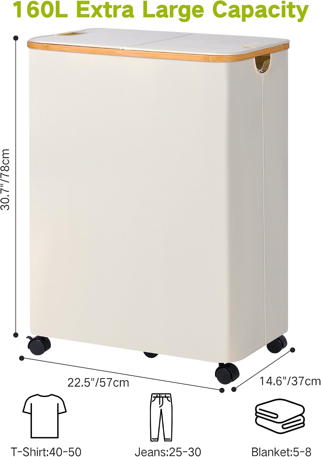 Laundry Basket with Wheels, Tall Rolling Laundry Hamper with Lid and Removable Bag, Aesthetic Dirty Clothes Hamper on Wheels for Laundry Room, Bedroom, Dorm and Bathroom, 100L Black
