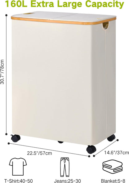Laundry Basket with Wheels, Tall Rolling Laundry Hamper with Lid and Removable Bag, Aesthetic Dirty Clothes Hamper on Wheels for Laundry Room, Bedroom, Dorm and Bathroom, 100L Black