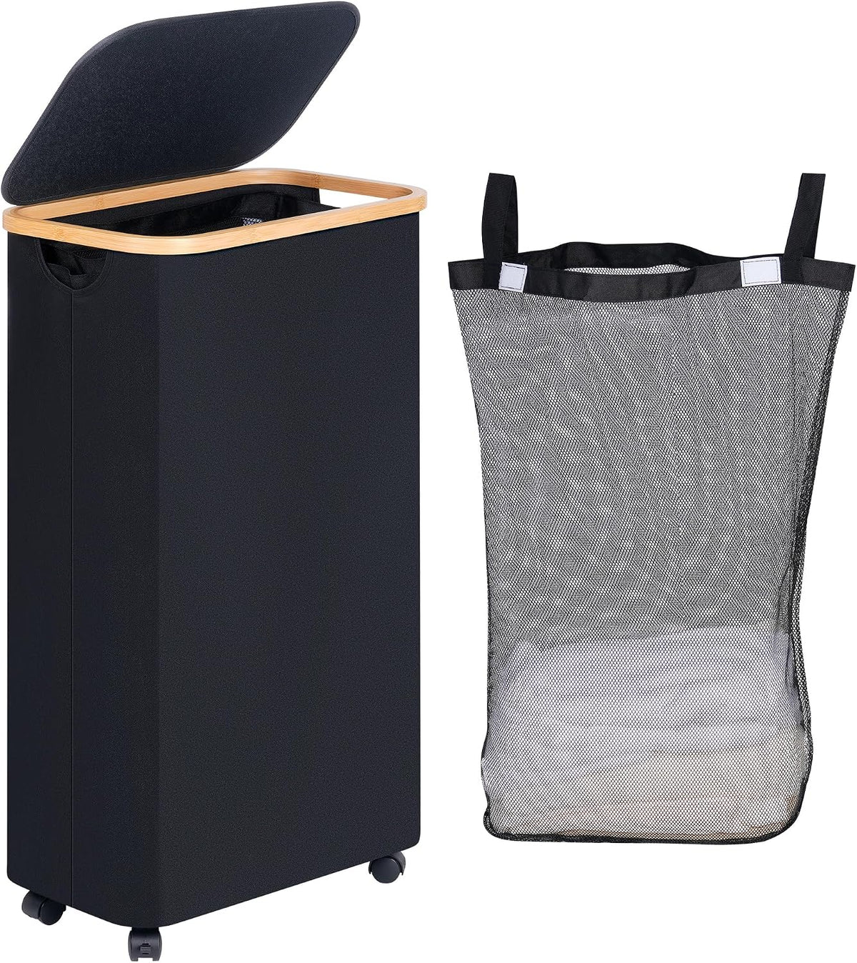 Laundry Basket with Wheels, Tall Rolling Laundry Hamper with Lid and Removable Bag, Aesthetic Dirty Clothes Hamper on Wheels for Laundry Room, Bedroom, Dorm and Bathroom, 100L Black