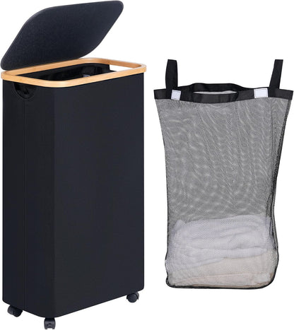 Laundry Basket with Wheels, Tall Rolling Laundry Hamper with Lid and Removable Bag, Aesthetic Dirty Clothes Hamper on Wheels for Laundry Room, Bedroom, Dorm and Bathroom, 100L Black