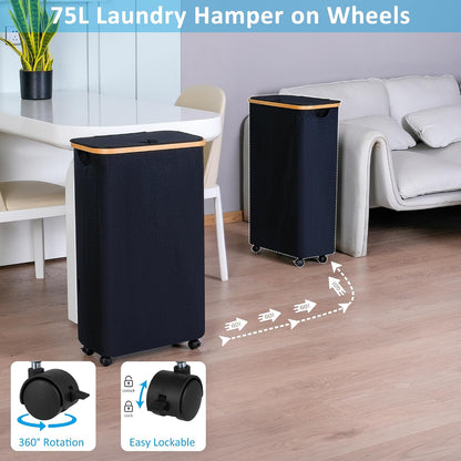 Laundry Basket with Wheels, Tall Rolling Laundry Hamper with Lid and Removable Bag, Aesthetic Dirty Clothes Hamper on Wheels for Laundry Room, Bedroom, Dorm and Bathroom, 100L Black