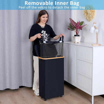 Laundry Basket with Wheels, Tall Rolling Laundry Hamper with Lid and Removable Bag, Aesthetic Dirty Clothes Hamper on Wheels for Laundry Room, Bedroom, Dorm and Bathroom, 100L Black